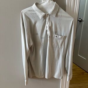 Men's Cream Long-Sleeve Polo Shirt with Pocket vintage pattern